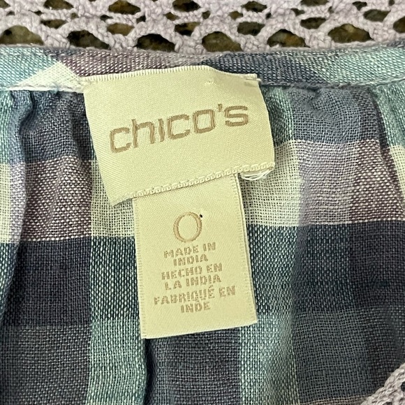 Chicos Crochet-Detail Gingham Linen Popover Top Beach Boho Modest Mature Prep 0 - Picture 9 of 10